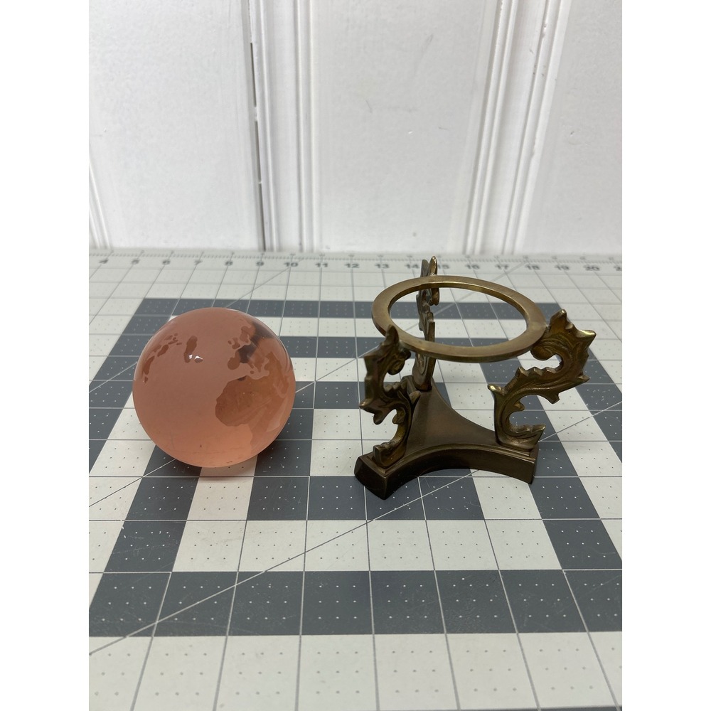 Frosted Glass Globe Pink Brass Stand Desk Decor Vintage Style Paperweight Desk - Picture 10 of 10